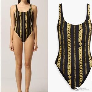 Versace Black & Gold Chain Strip Medusa one piece swimsuit NWT
